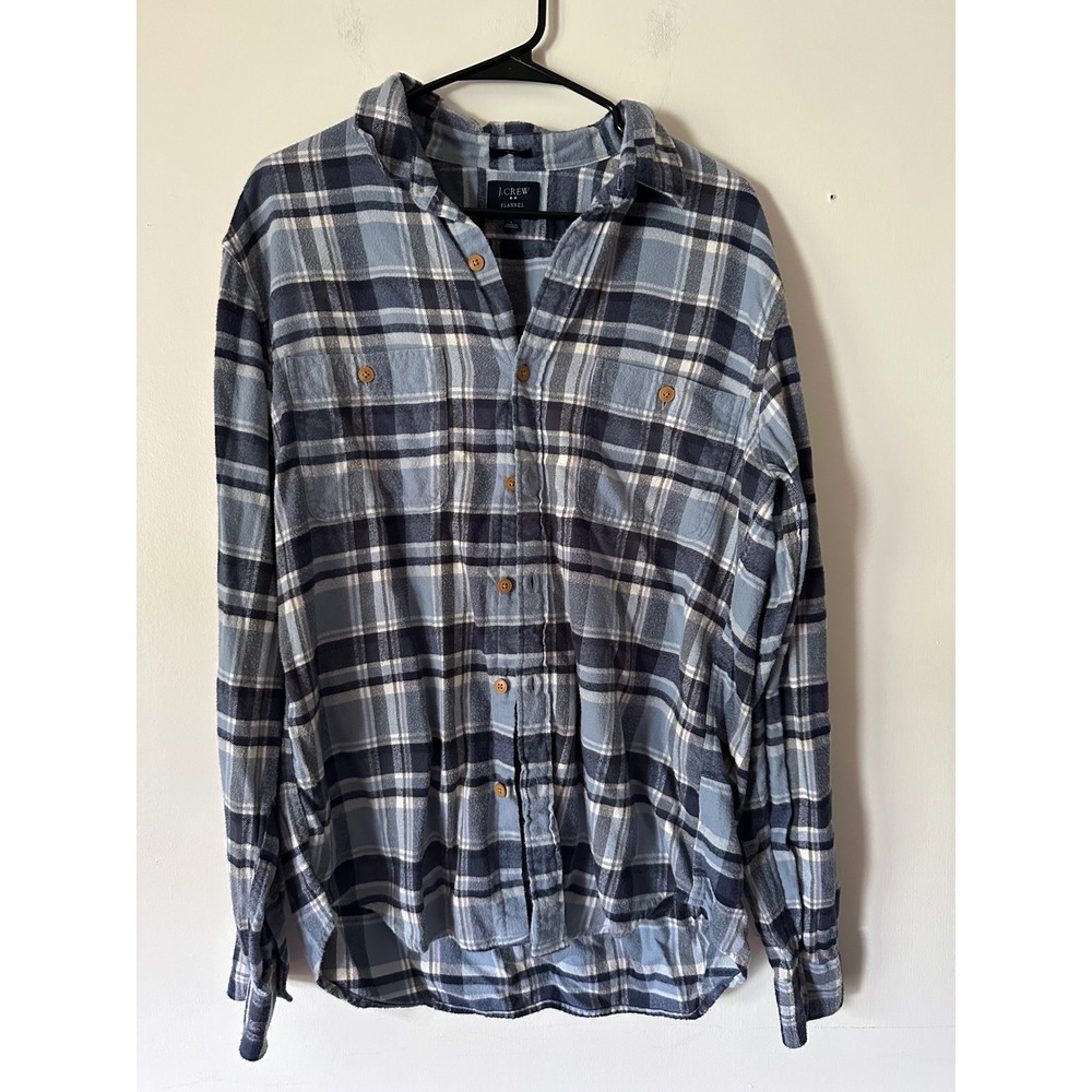 J. Crew Mens Slim Fit Flannel Plaid Button Down Shirt Blue White Cotton Large